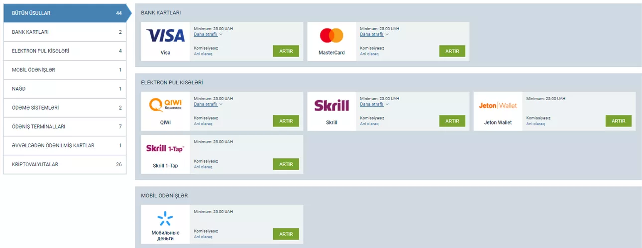 1xBet Ödəniş üsulları