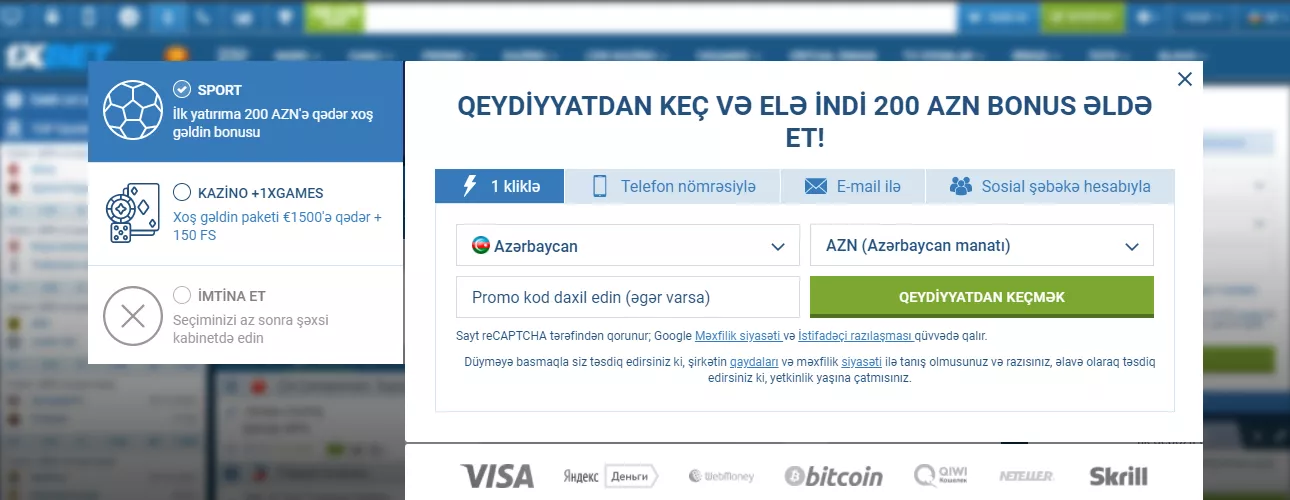 1xBet bukmeker kontorunda qeydiyyat
