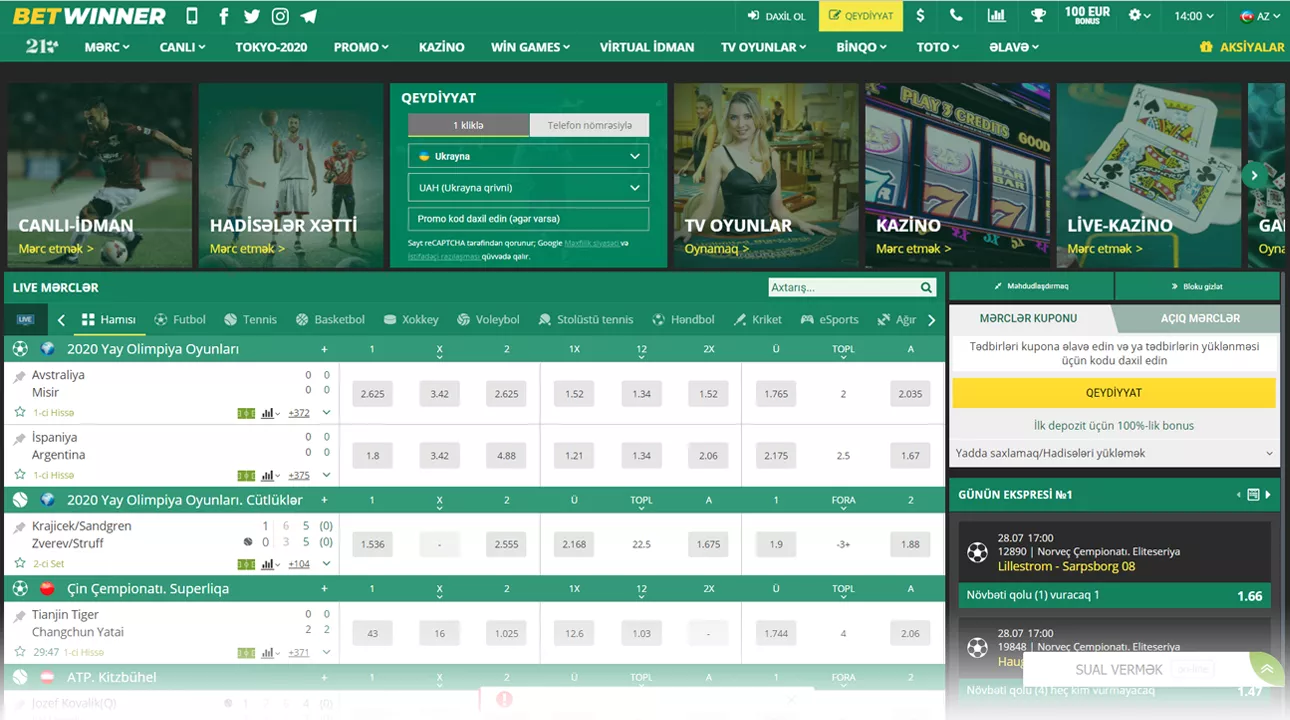 Betwinner Azerbaycan bukmeker kontorunun saytının əsas səhifəsi.